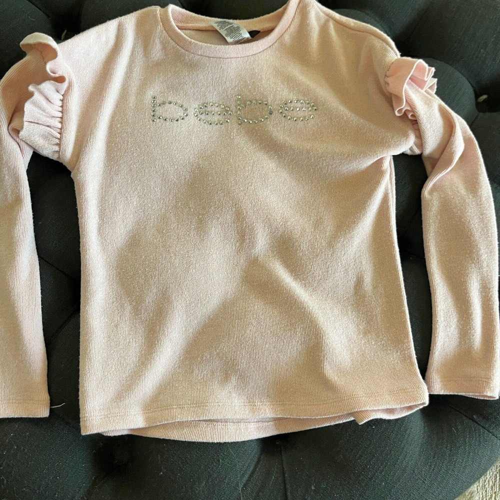 Bebe Girl’s Pink Sweater Blingy Logo Ruffles Size 7/8